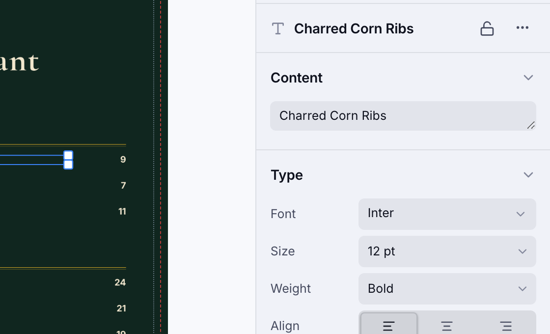 A menu line selected, showing only its content, font, size and weight controls