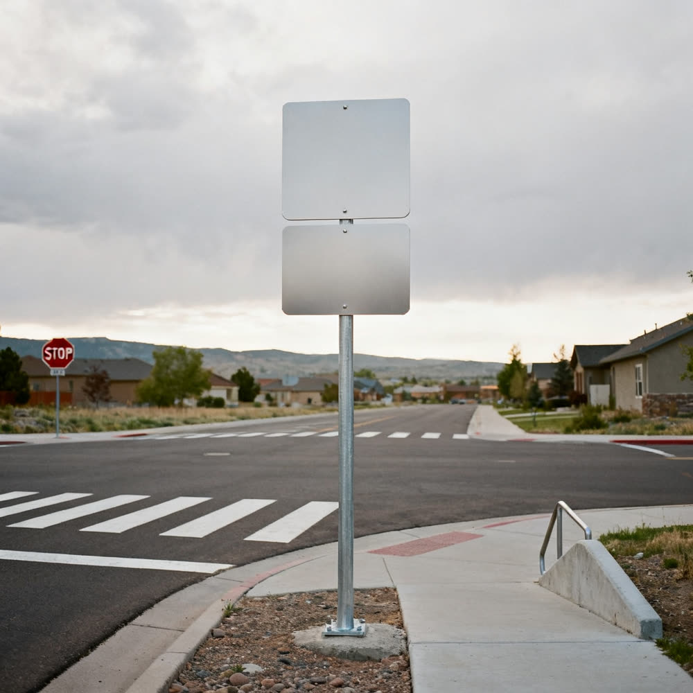 Blank aluminum signs on a galvanized post at a Colorado intersection
