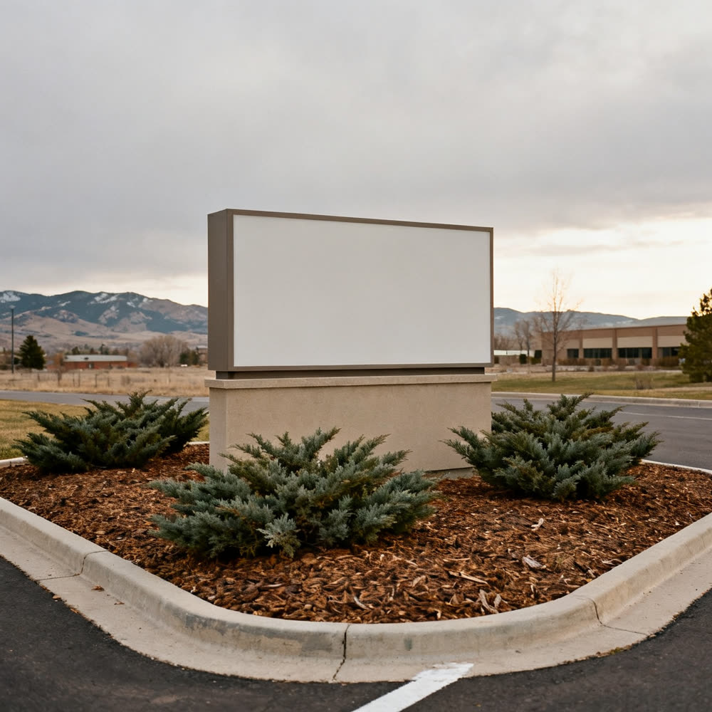 A blank monument sign in front of a Colorado business park