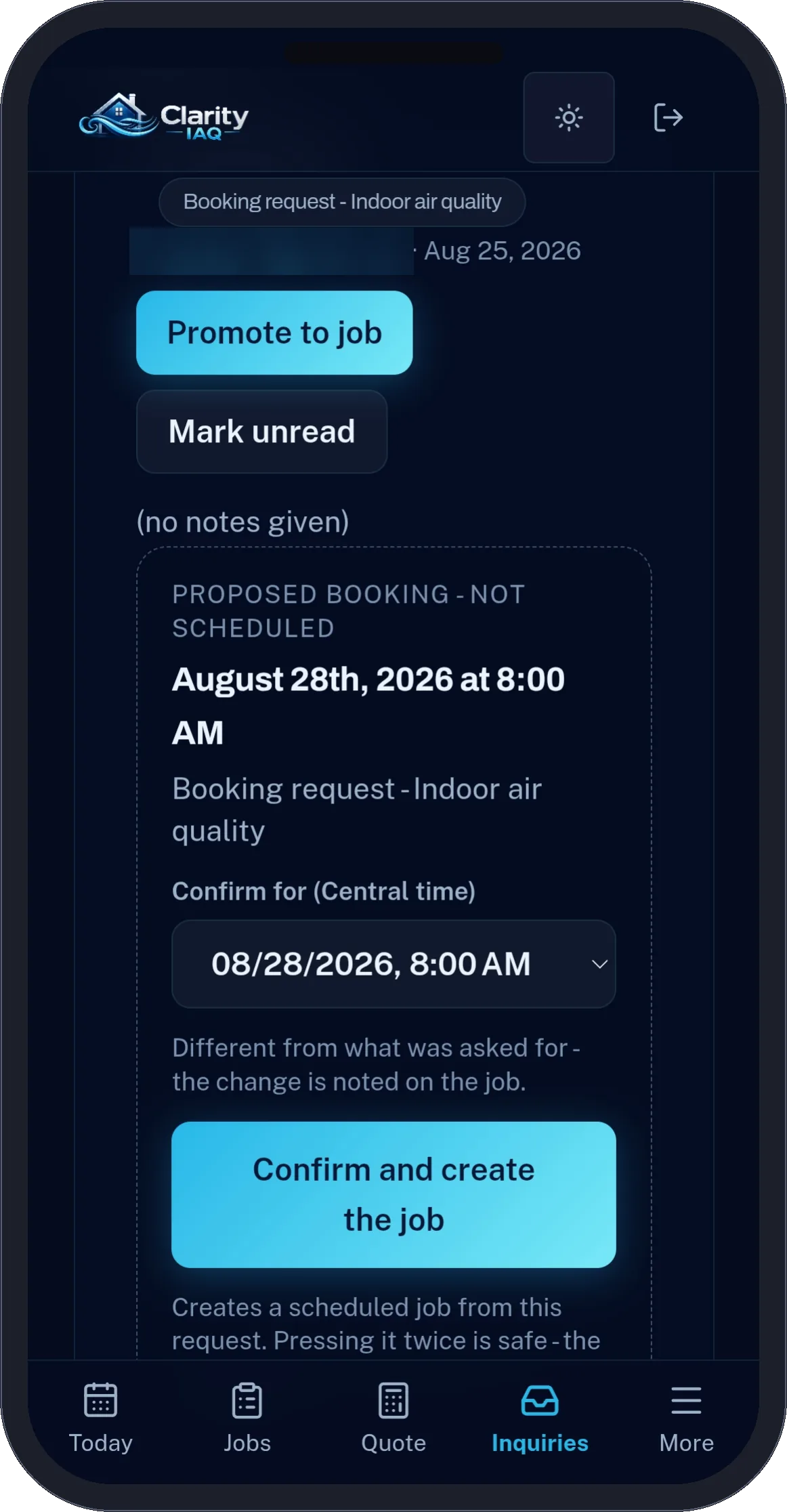 Clarity IAQ app, a booking request in Inquiries with a proposed time and a confirm button; the sender's address is blurred