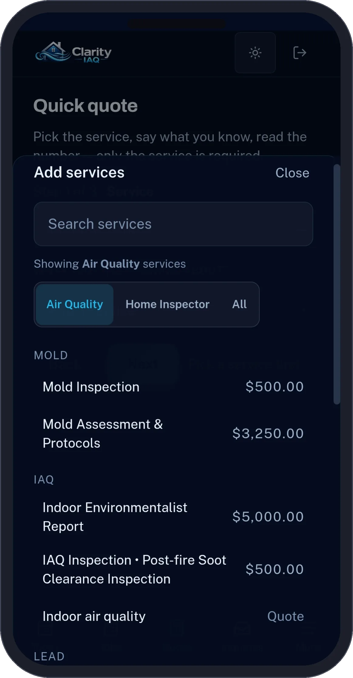 Clarity IAQ app, Add services sheet: searchable price list grouped by mold, IAQ and lead