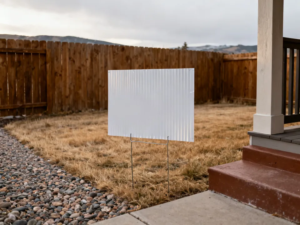 A blank corrugated yard sign on wire stakes in a dry front lawn