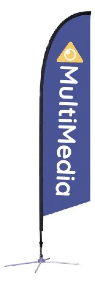 A printed feather flag on its pole and cross base