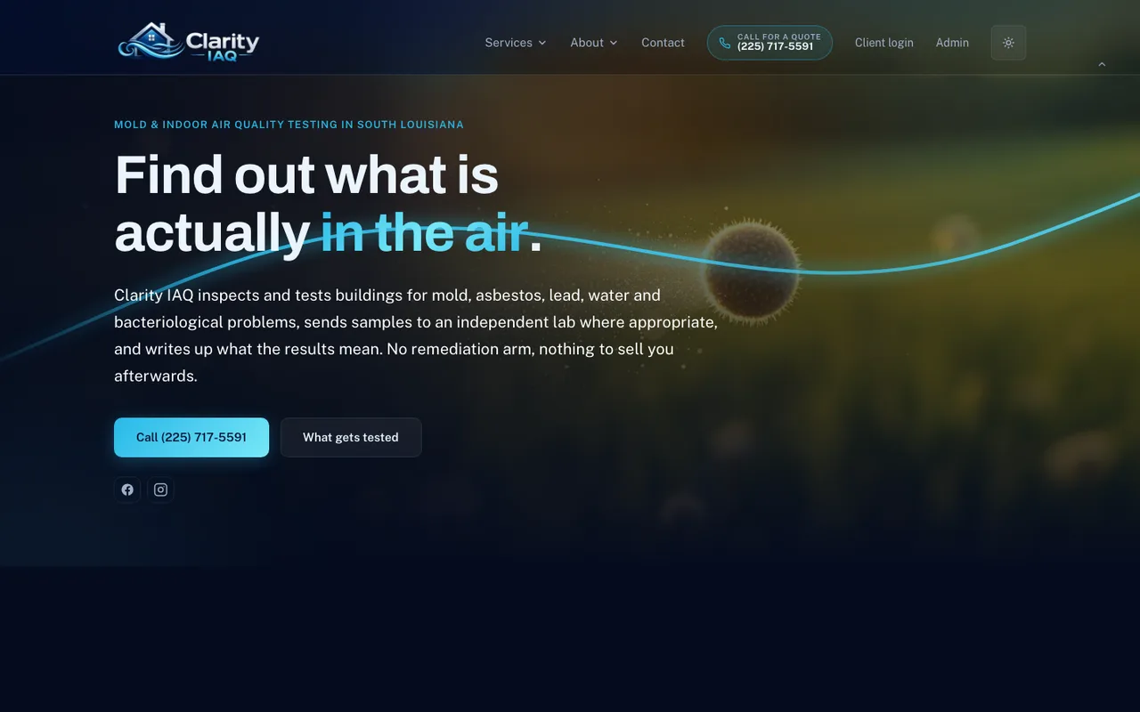 Clarity IAQ’s live homepage: “Find out what is actually in the air.” on a dark ground crossed by a light-blue line