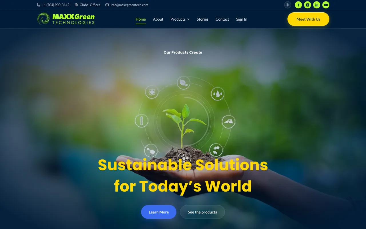 MAXXGreen Technologies’ live homepage: a seedling held in two hands under the company’s headline in yellow