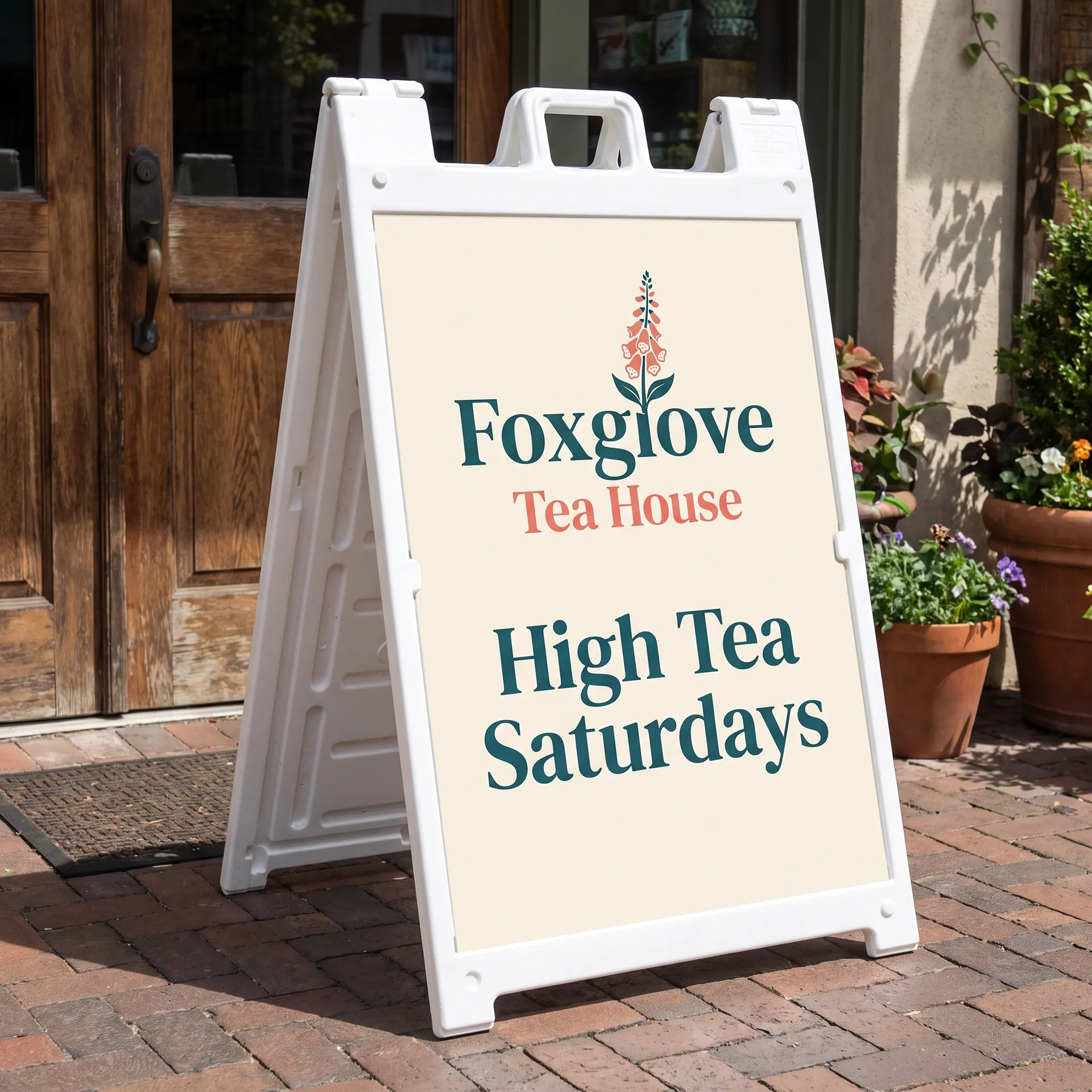 Folding A-frame sidewalk sign: two 24 x 36 inch printed rigid panels in a black aluminium frame, open and standing, shown with a sample design: on a sidewalk outside a tea house door