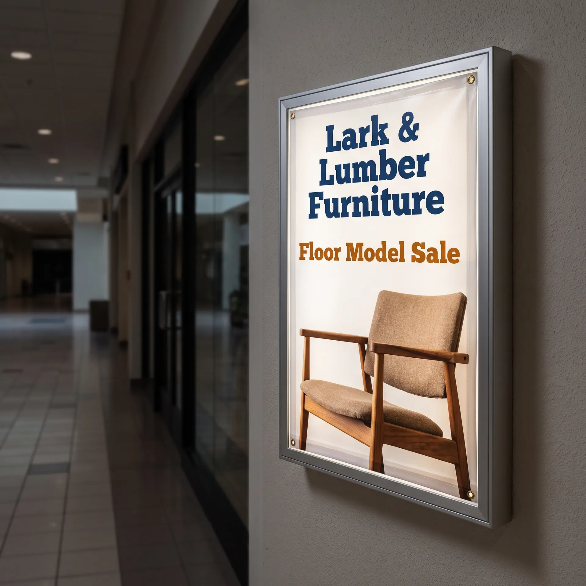 24 x 36 inch printed translucent backlit graphic glowing evenly in a slim aluminium wall-mounted light box, shown with a sample design: in a dim shopping mall corridor beside a storefront