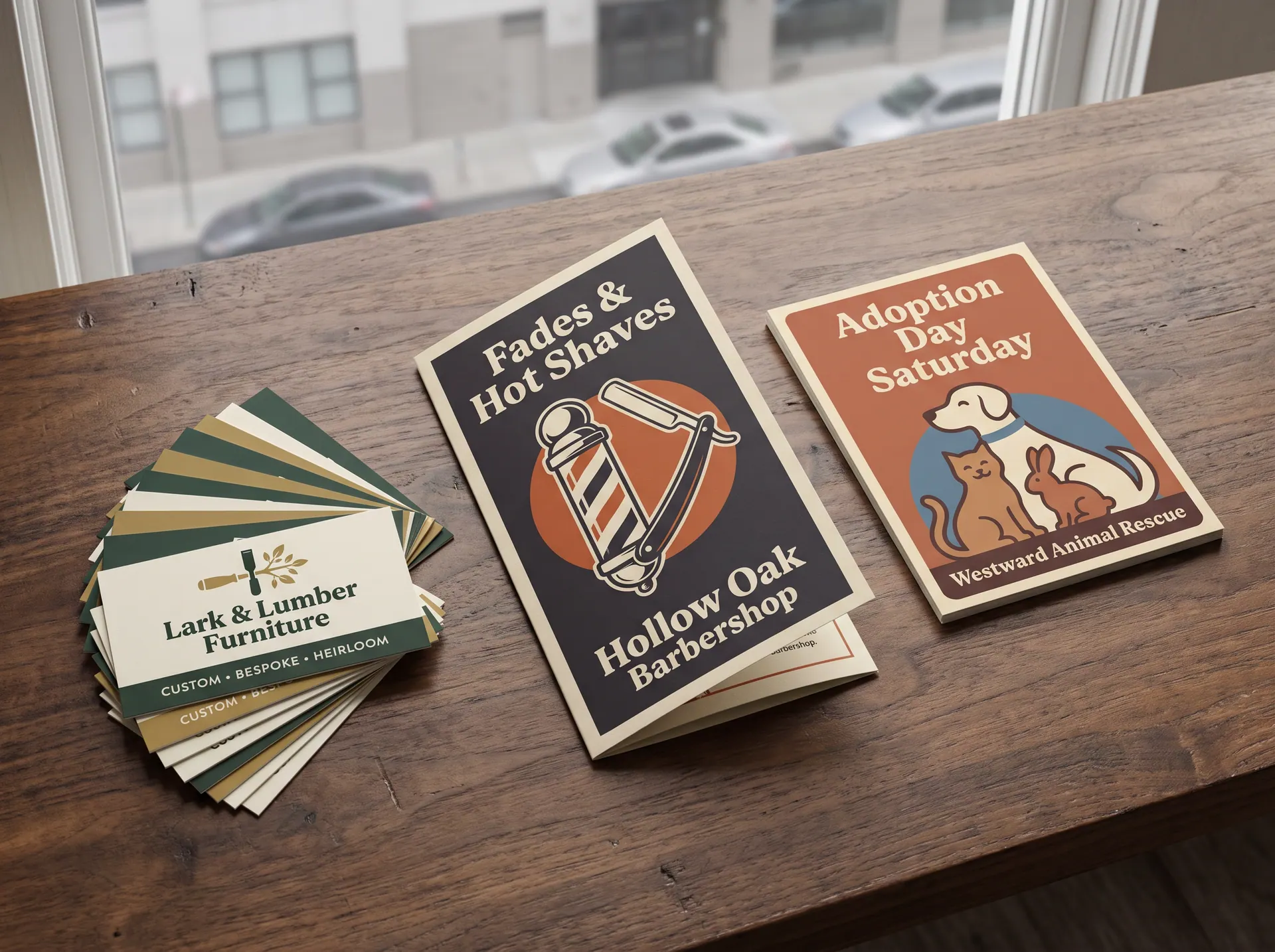 Business cards, a tri-fold brochure and a postcard laid out on a walnut desk in window light