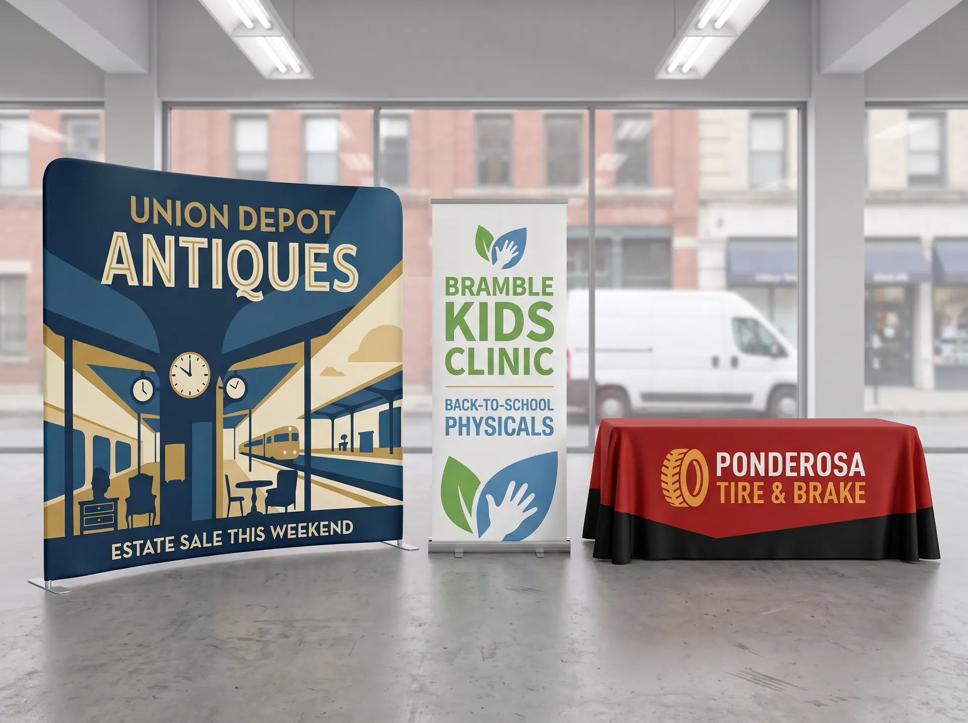 A tension fabric backwall, a retractable banner stand and a fitted table throw along a convention hall booth row