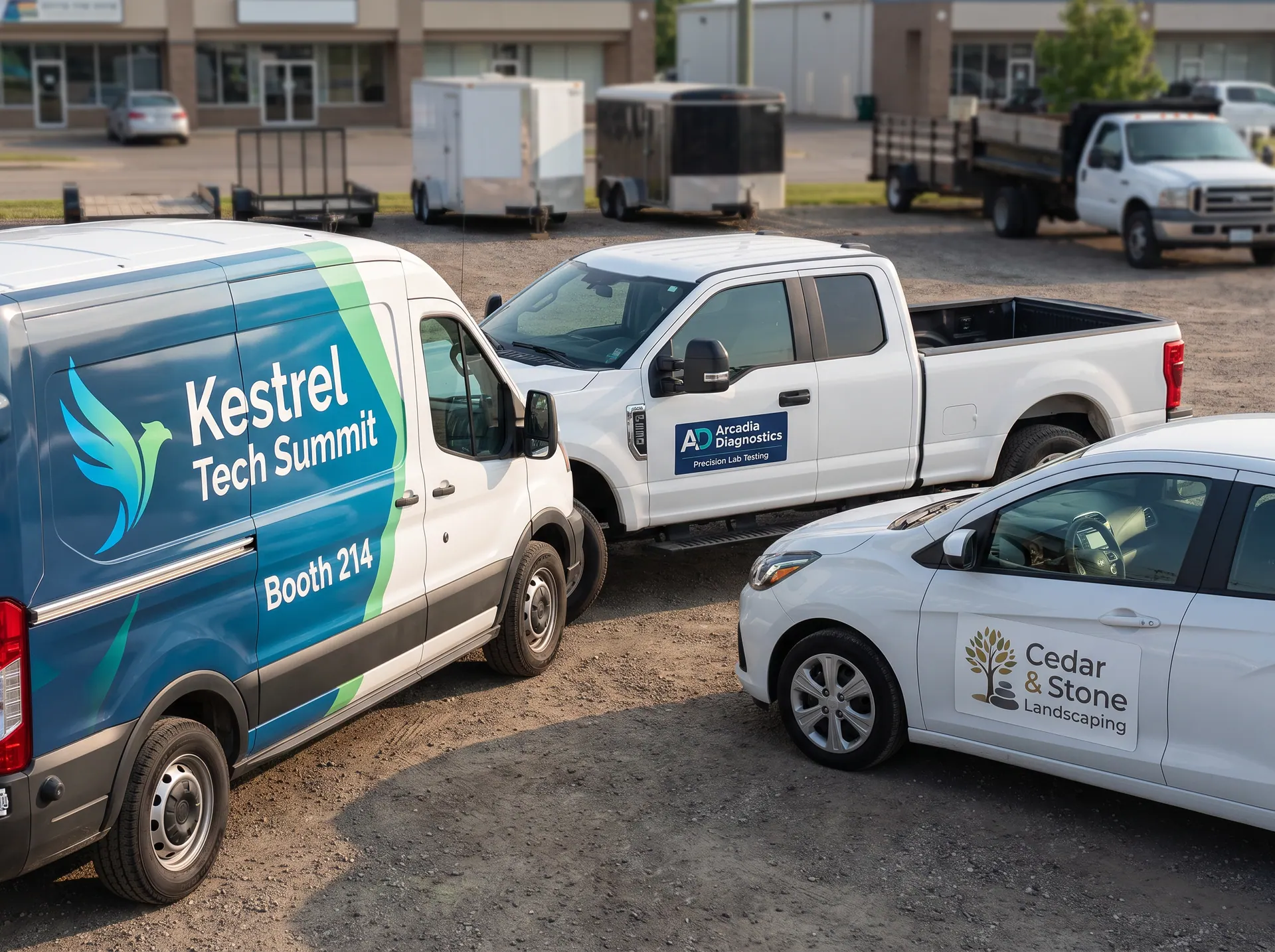 A wrapped cargo van, a pickup with door decals and a car with a magnetic door sign in a contractor yard