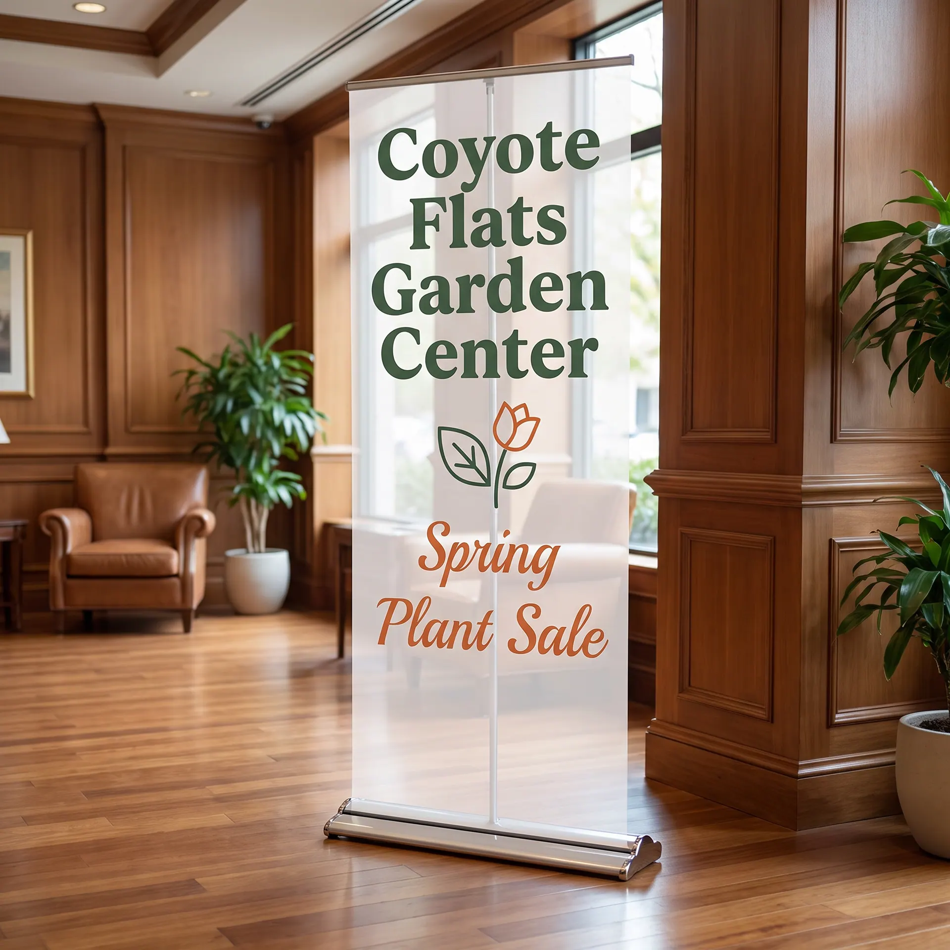 Retractable banner stand with a clear acrylic base and a printed graphic, 33″ × 81″, shown with a sample design: at the reception of a boutique hotel