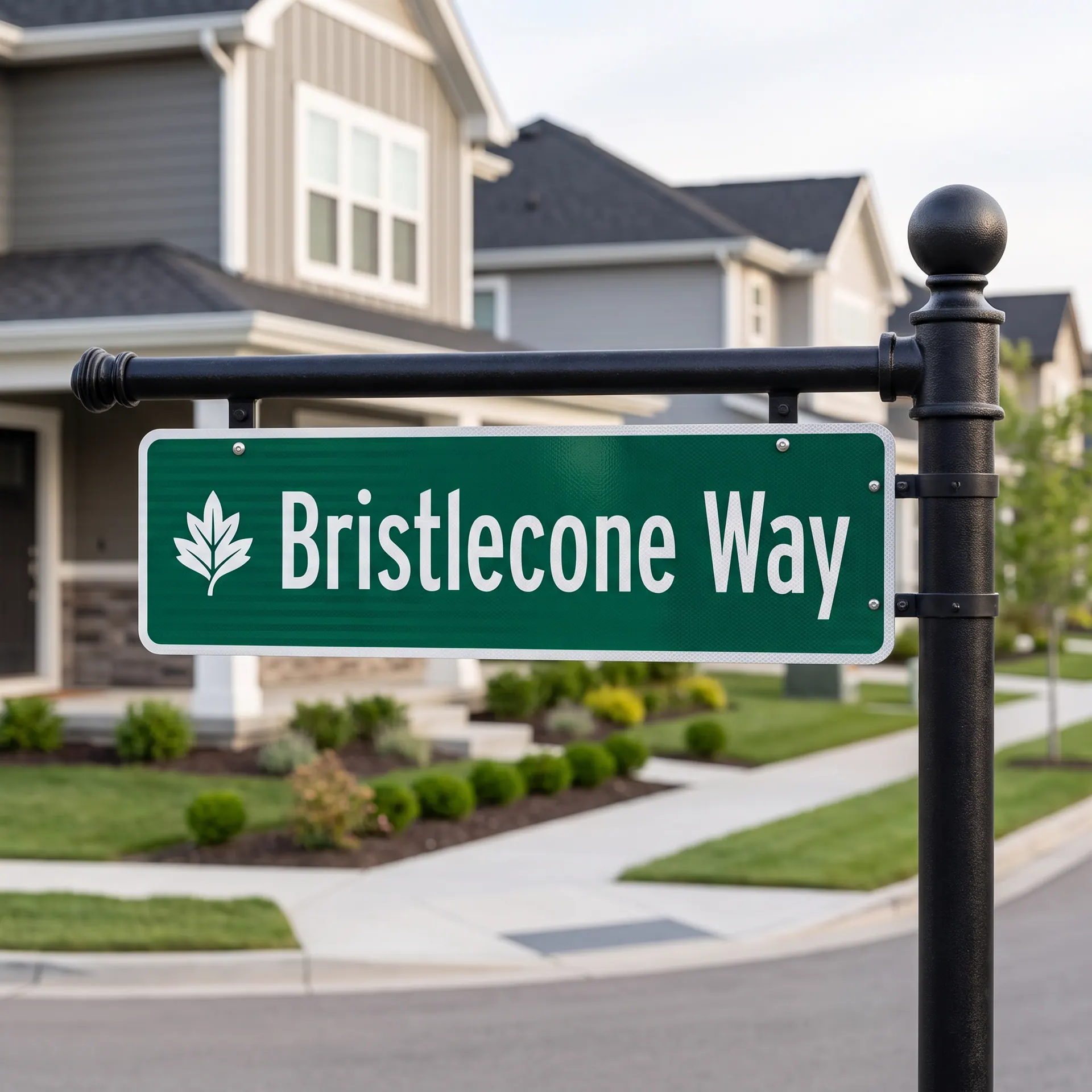 Custom 6 x 30 inch street name blade in reflective sheeting on aluminium, on a decorative black post with a finial, shown with a sample design: at a corner in a new residential neighbourhood