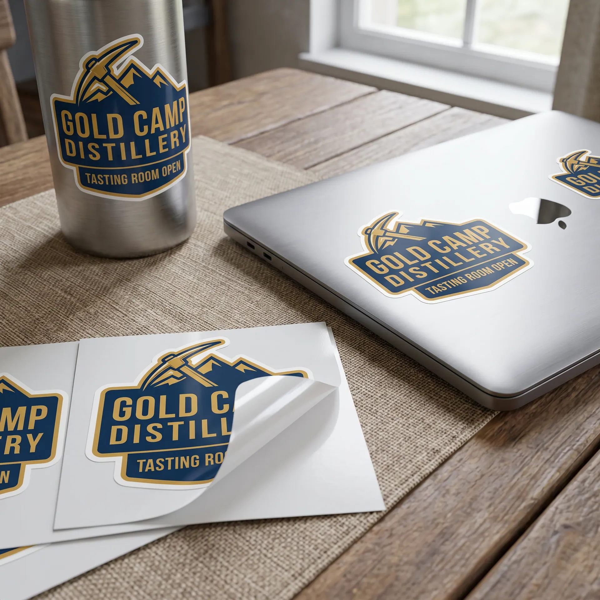 Scatter of 3 x 3 inch die-cut vinyl stickers with a gloss laminate, each cut to the shape of its artwork, one peeling off its backing, shown with a sample design: stuck on a laptop lid and a steel water bottle on a cafe table
