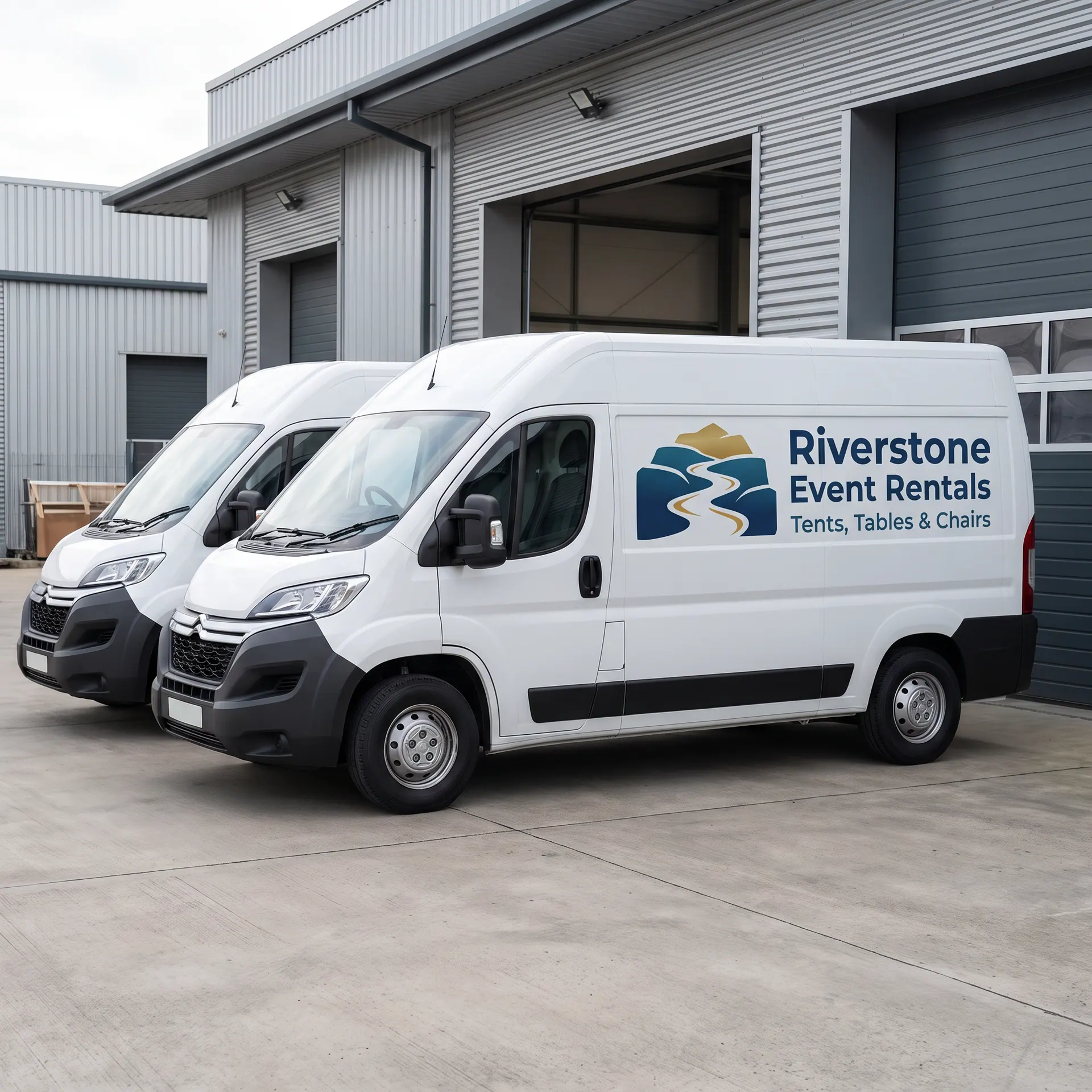 Matching printed vehicle graphics on three identical white cargo vans, the same livery on each, shown with a sample design: three matching vans parked nose-in against a warehouse wall and photographed from behind and to the side, so only their flanks and rear doors face the camera and no grille is in frame