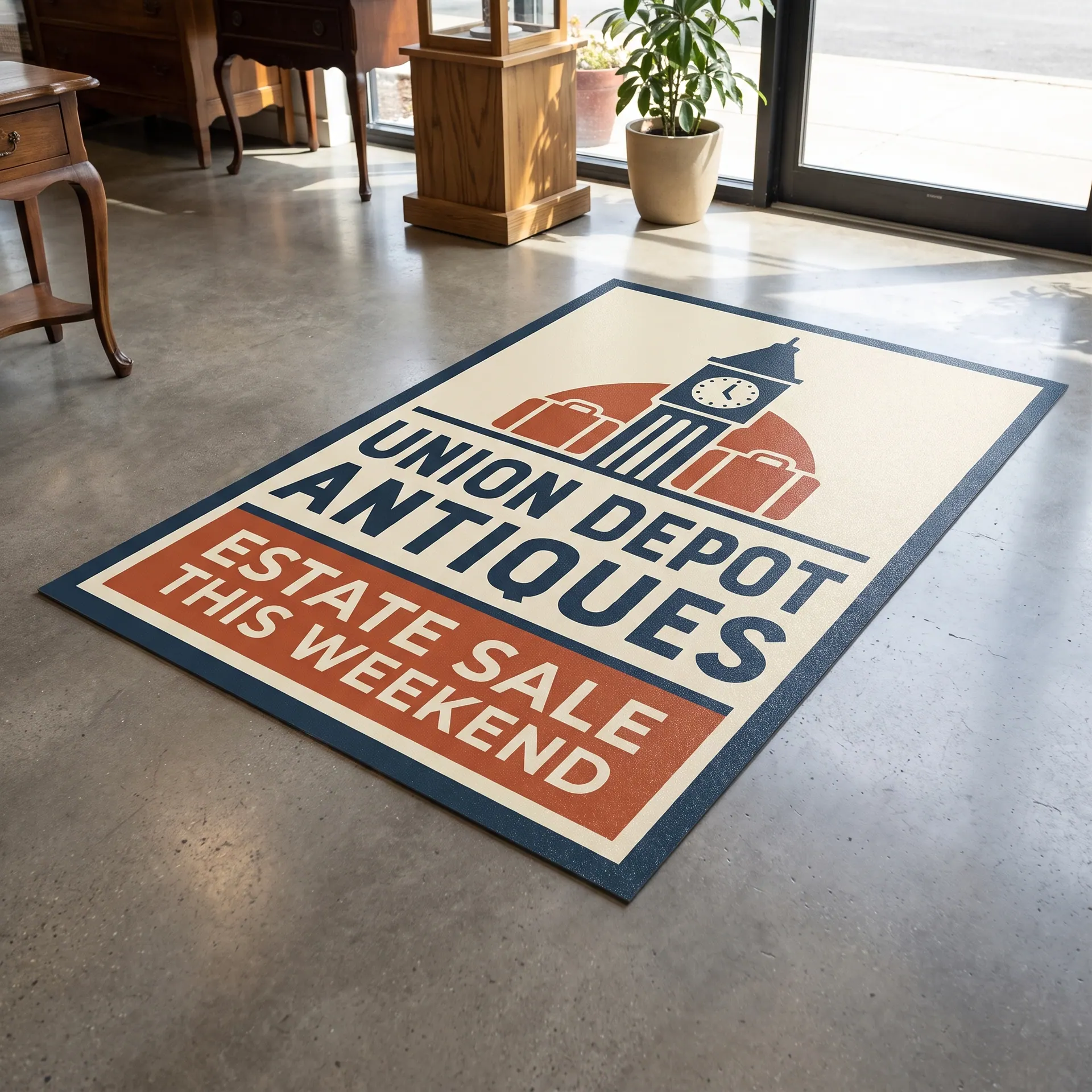 24 x 36 inch printed floor graphic with a textured anti-slip laminate, applied flat to the floor, shown with a sample design: on the polished concrete floor just inside a store entrance