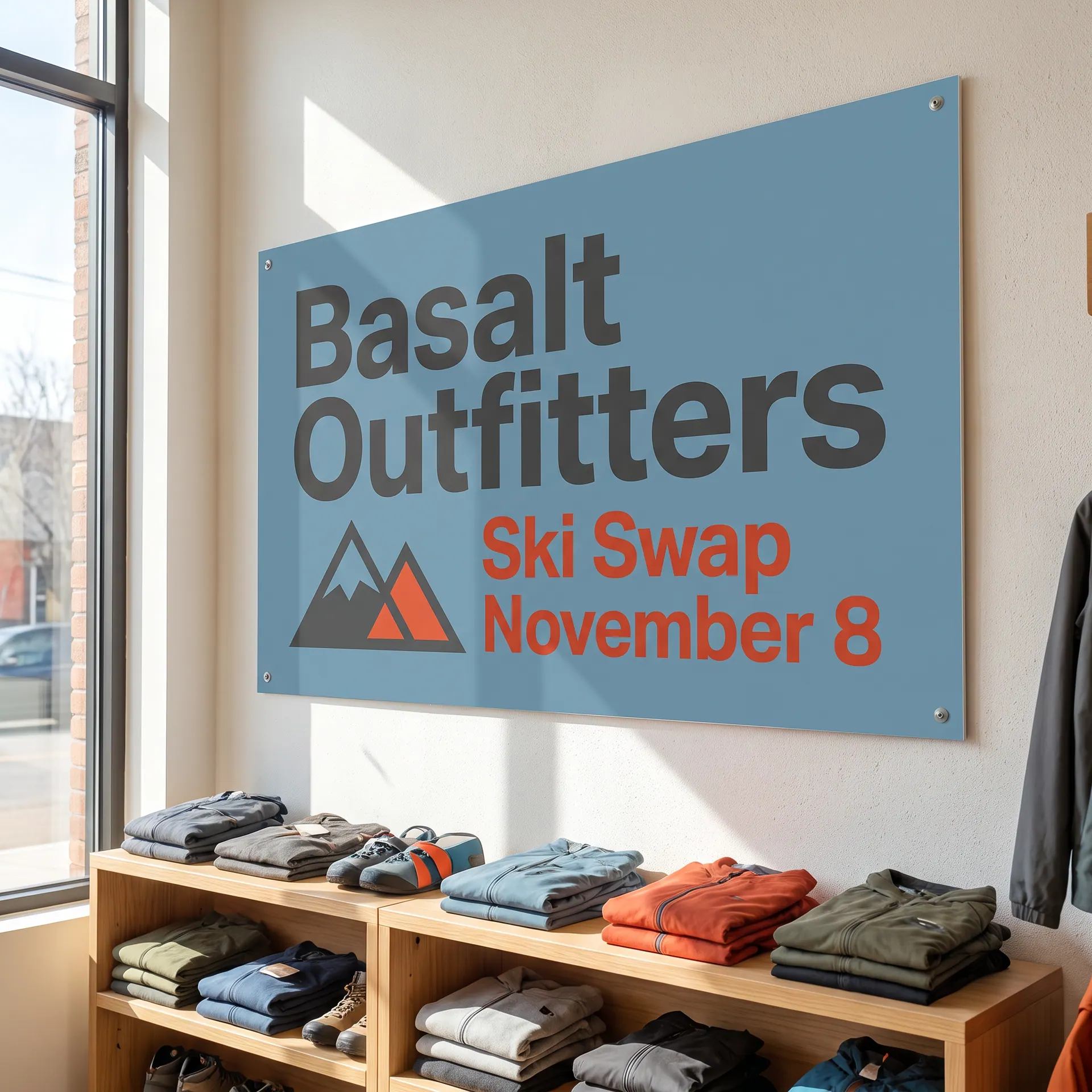 Full 4 x 8 ft foam PVC sheet printed edge to edge: one rigid flat panel, twice as wide as it is tall, screwed flat to the wall at its corners; no straps, loops or grommets, shown with a sample design: installed as a large wall panel above the shelving in a bright retail store