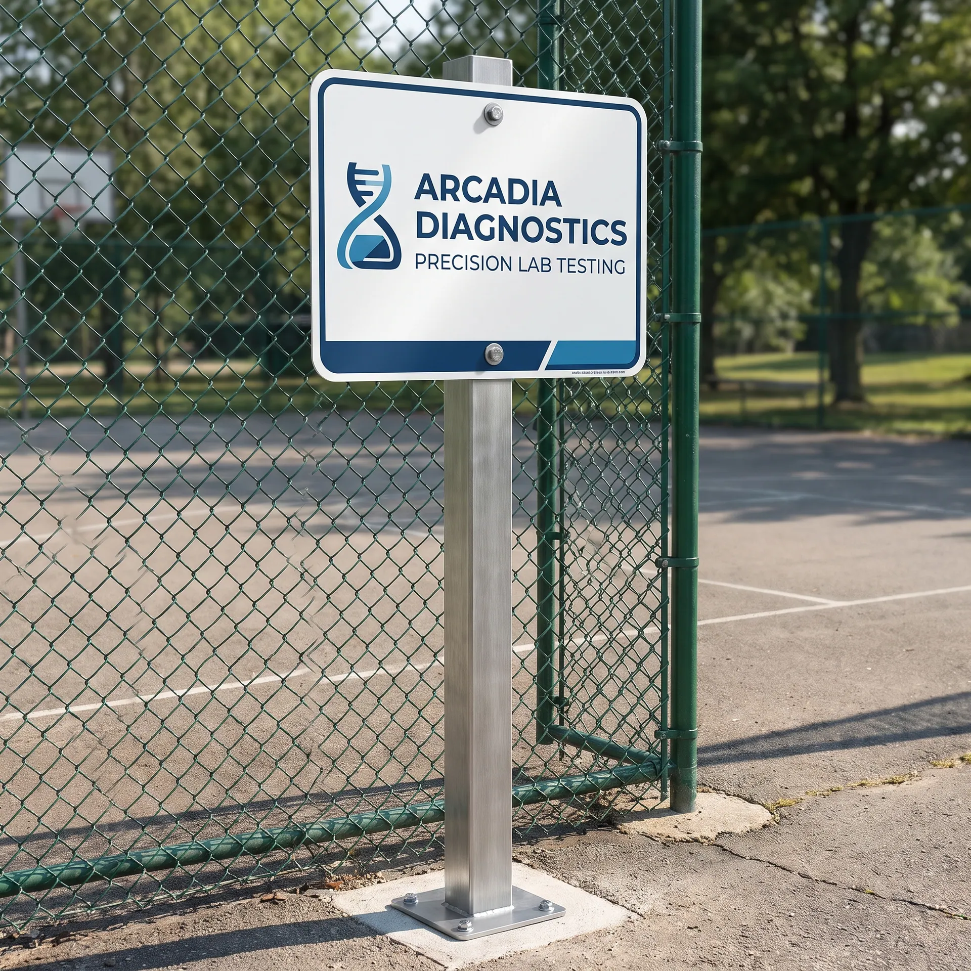18 x 24 inch printed impact-resistant polycarbonate sign bolted to a steel post with tamper-proof hardware, shown with a sample design: bolted to a steel post at the edge of a busy parking lot outside a medical lab