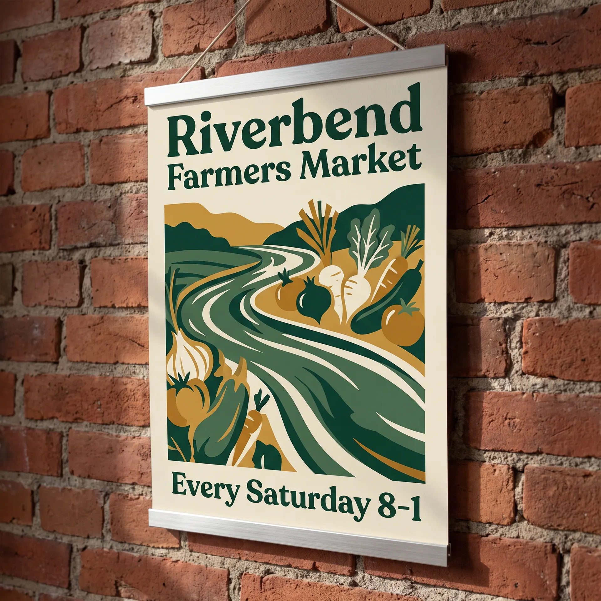 Printed poster hung from slim black snap-hanger rails at the top and bottom, shown with a sample design: on a brick wall in a coffee shop
