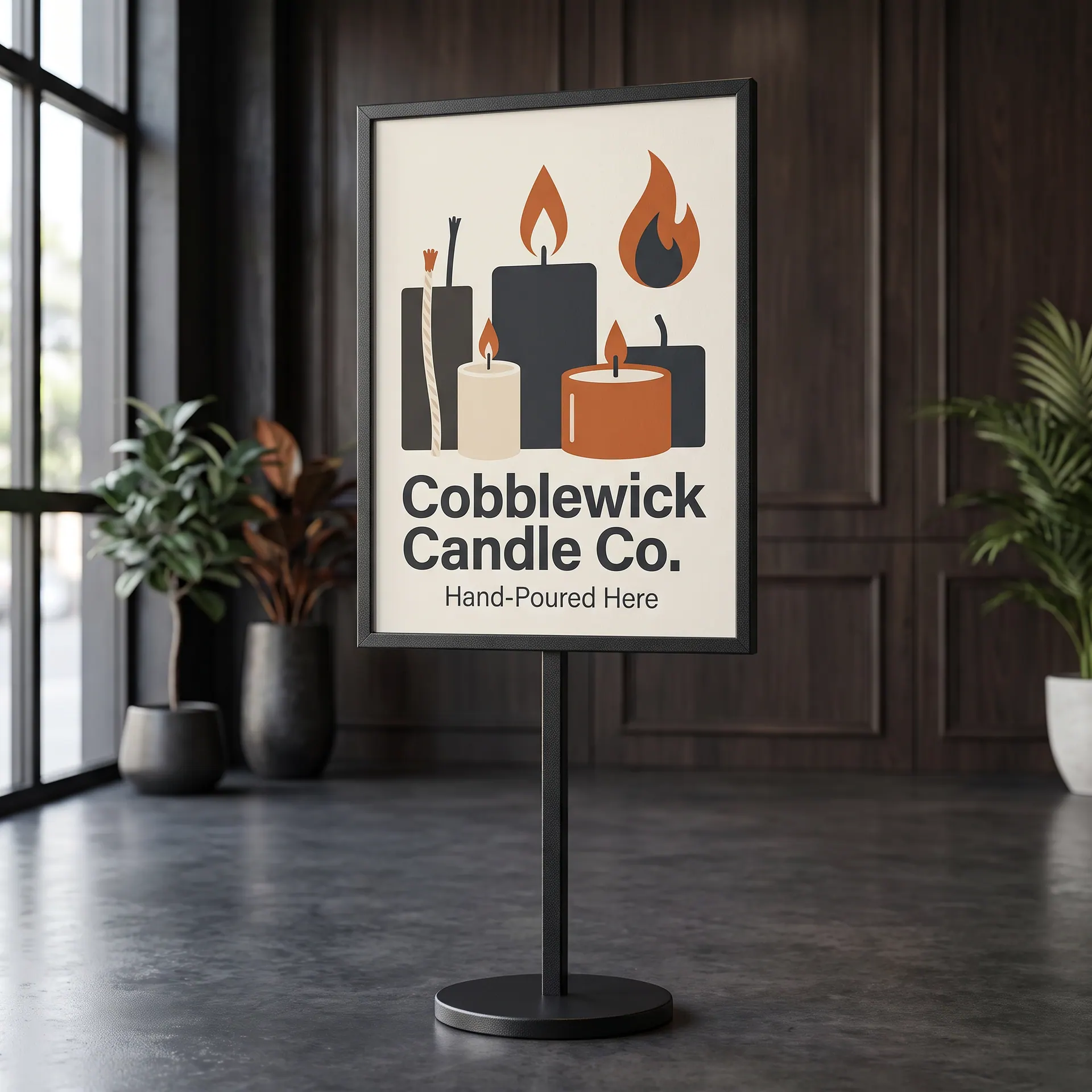 Floor-standing poster stand holding a 24 x 36 inch printed poster in a black snap frame at eye height, shown with a sample design: at a restaurant entrance