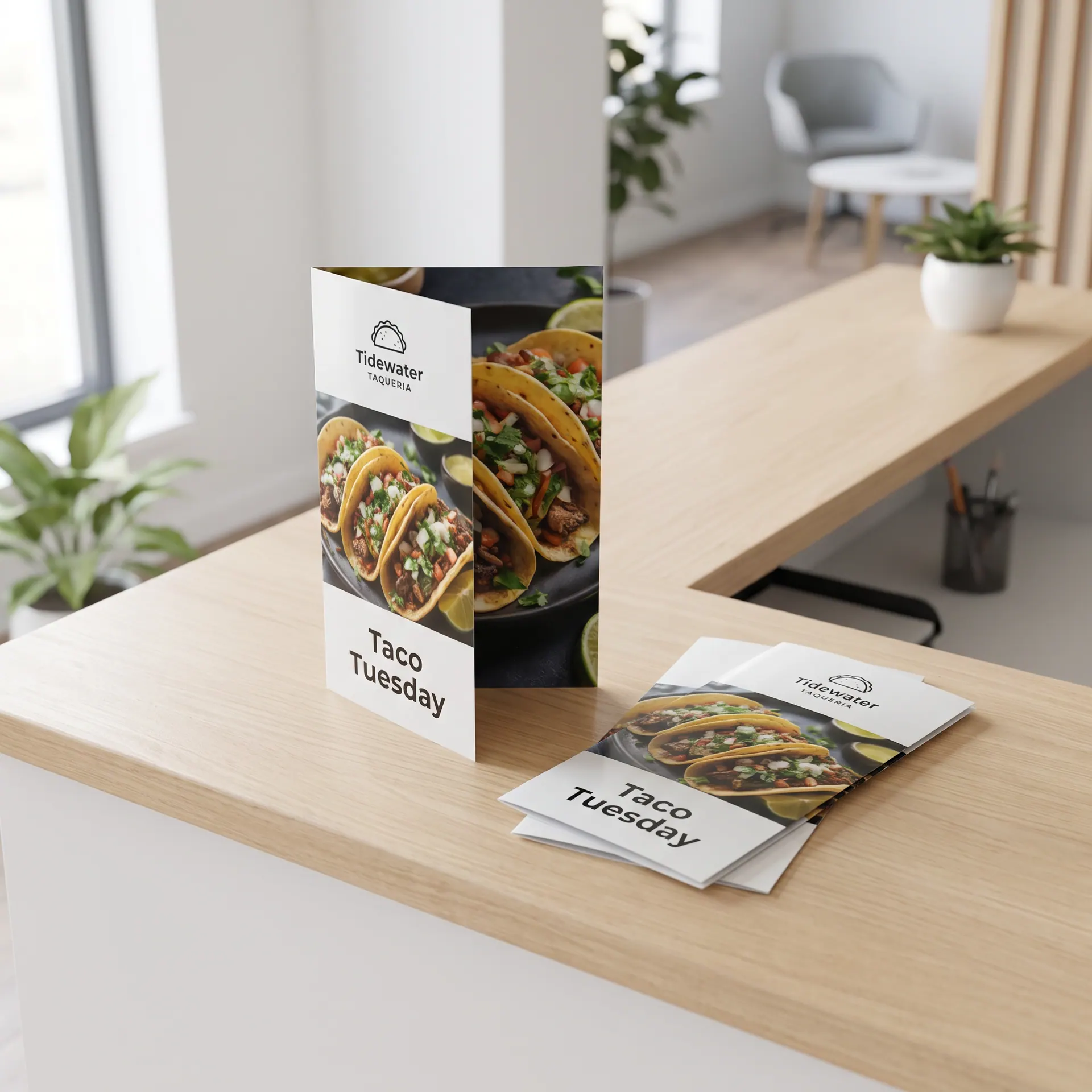Letter-size tri-fold brochures on 100lb gloss text, one standing partly open to show its inside panels, two folded closed beside it, 11″ × 8.5″ flat, tri-fold, shown with a sample design: on the reception counter of a bright office