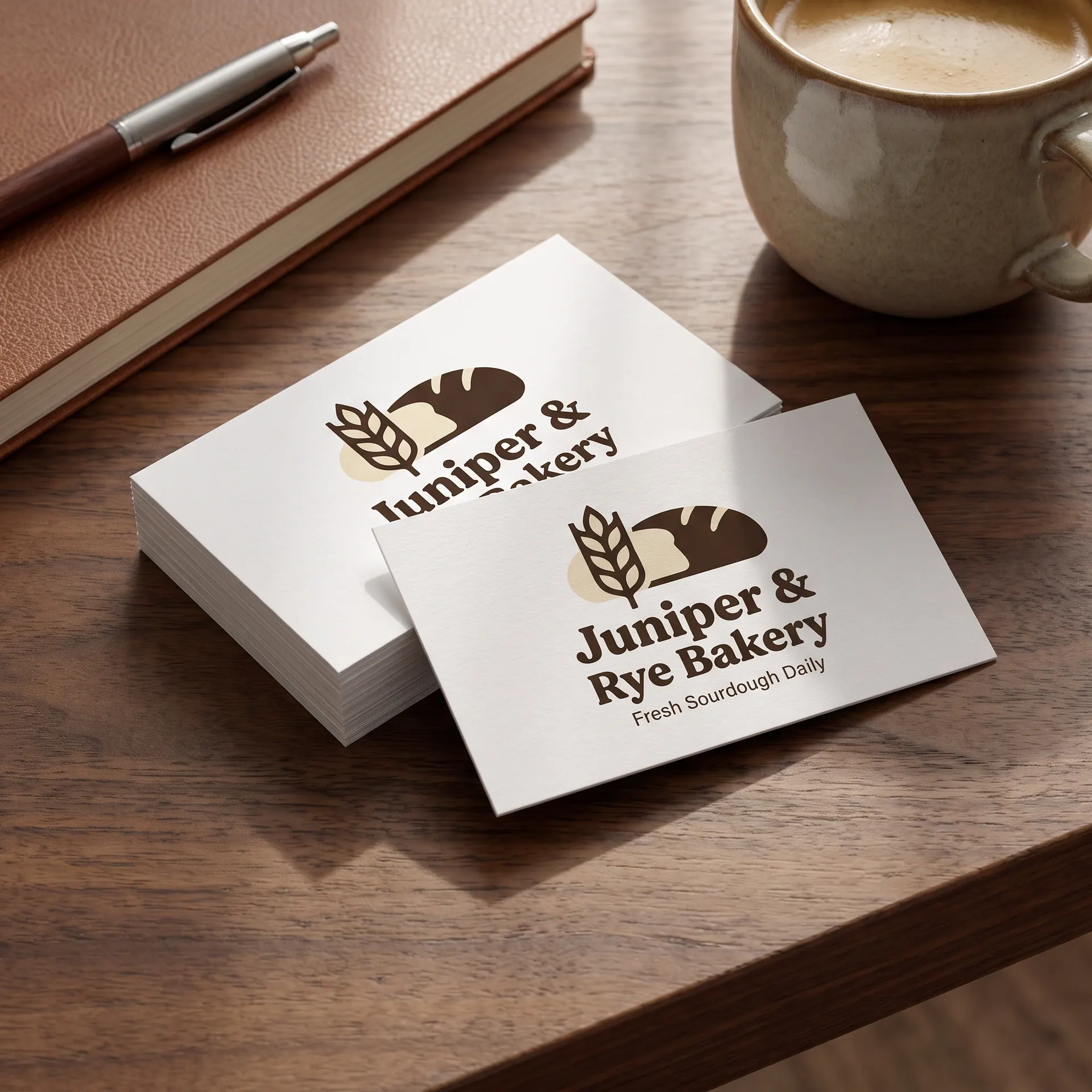 Neat stack of 3.5 x 2 inch business cards on 16pt matte card stock with crisp trimmed edges, one card fanned out on top, shown with a sample design: on a walnut desk beside a notebook and a coffee cup