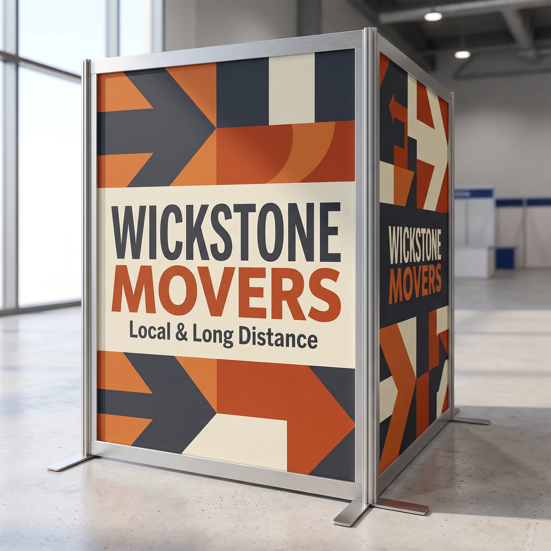 Freestanding printed fabric wall panels in slim aluminium frames with feet, connected side by side, shown with a sample design: dividing the space of a booth in a convention hall