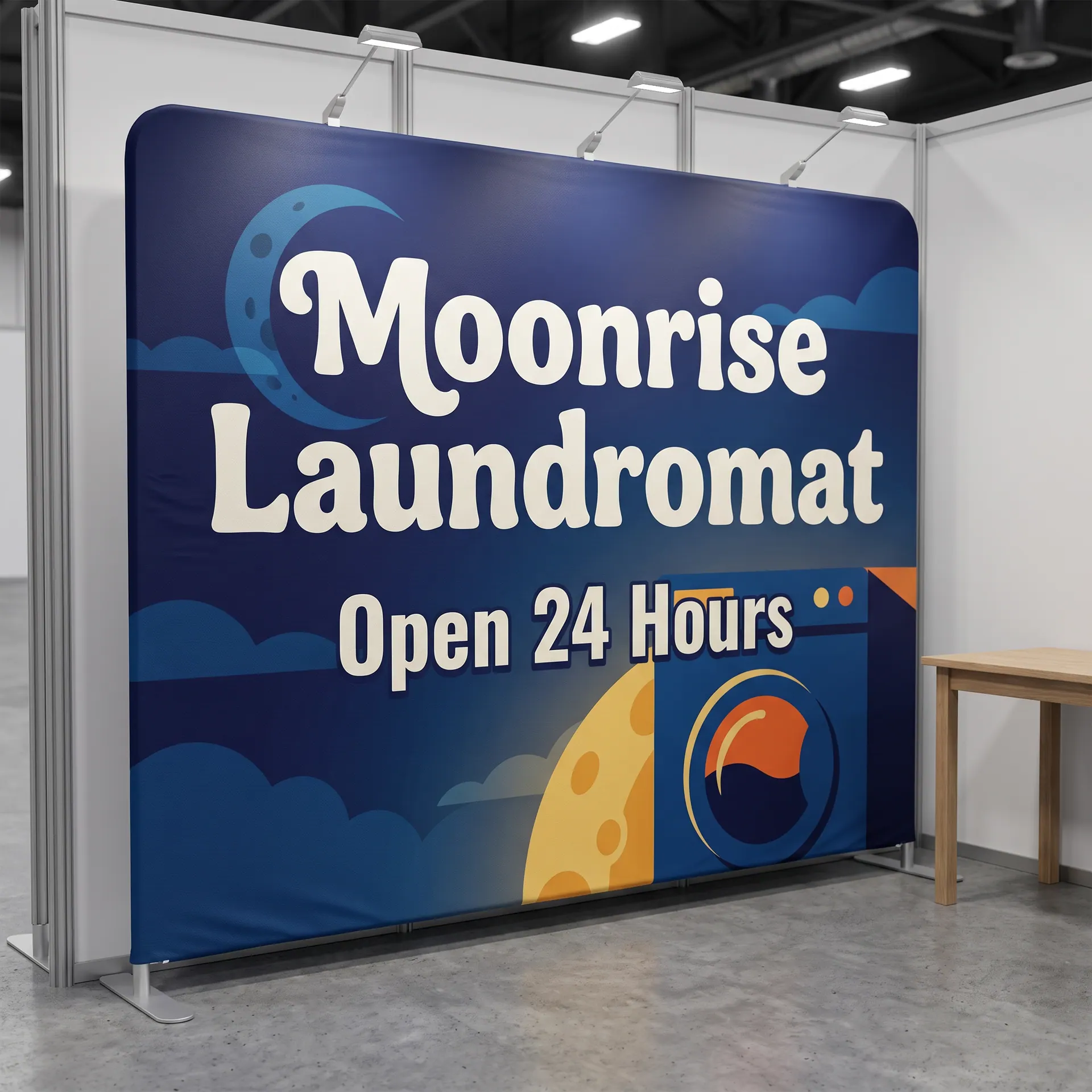 Straight 8 ft tension fabric backwall display with a seamless printed pillowcase graphic on an aluminium tube frame, shown with a sample design: at a trade show booth