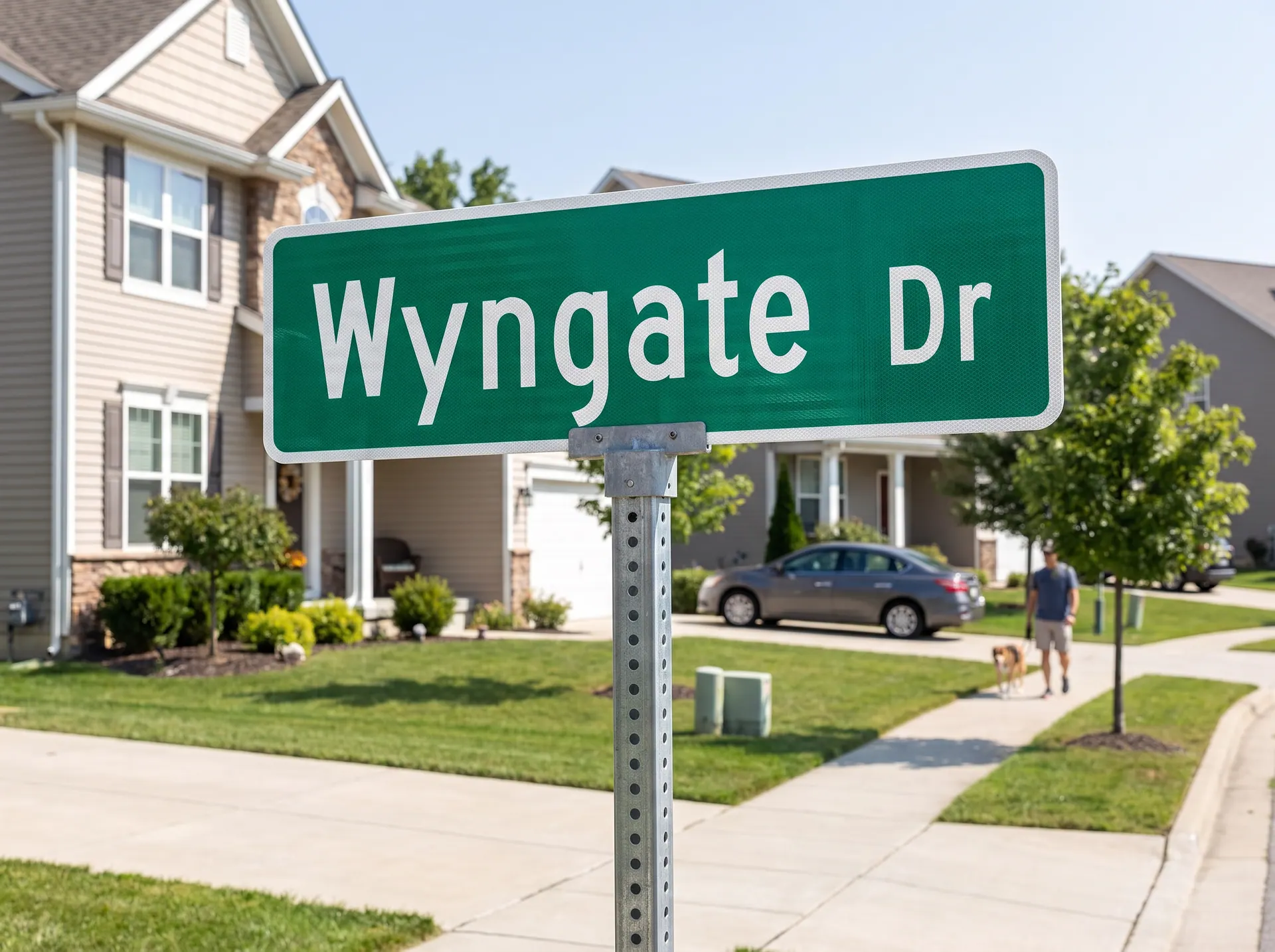 D3-1 street name blade in green reflective sheeting on aluminium, mounted on top of a galvanised post, in use: at a suburban street corner