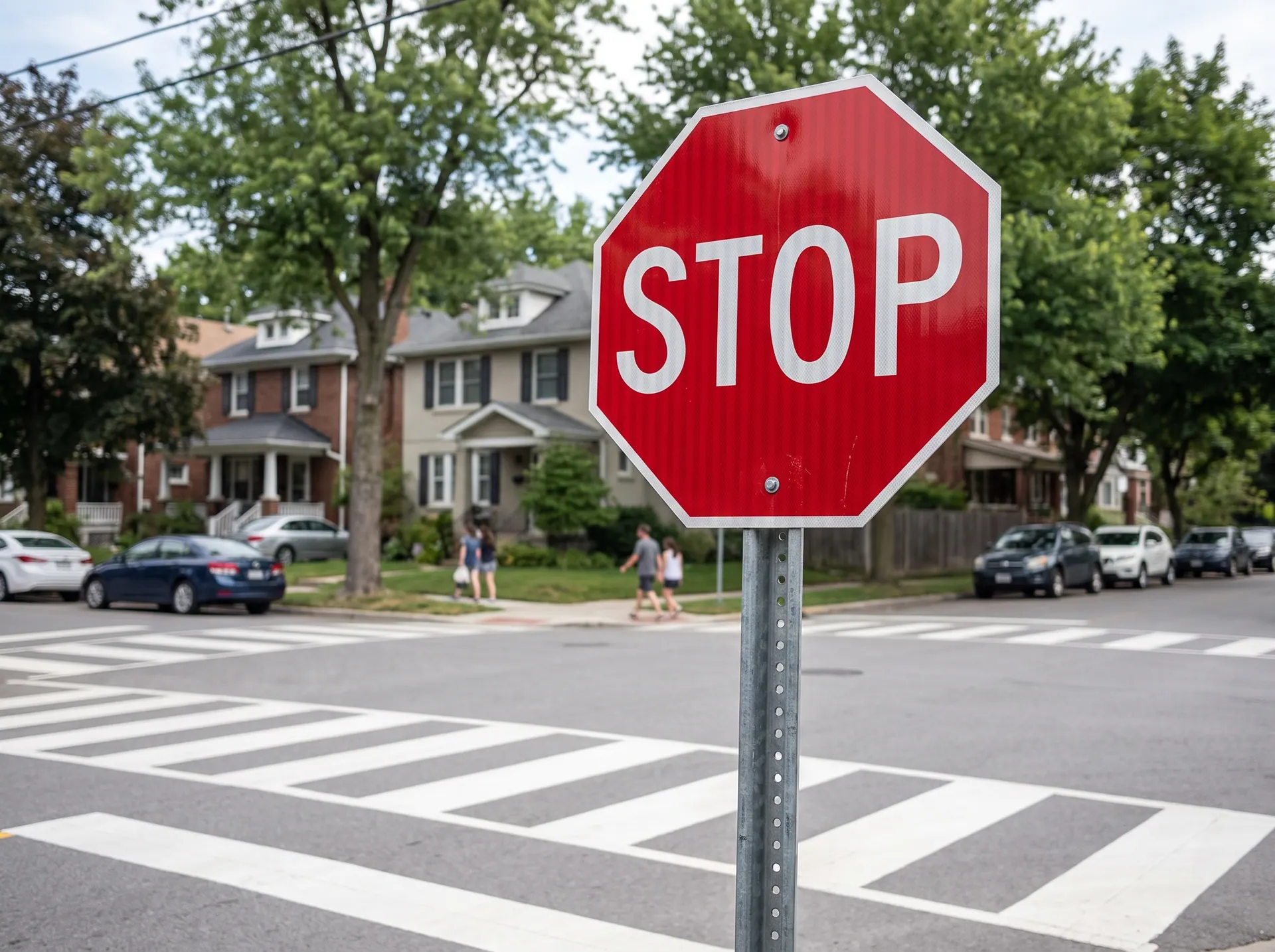 30 x 30 inch R1-1 stop sign in reflective sheeting on aluminium, bolted to a galvanised square post at standard mounting height, in use: at the corner of a quiet residential intersection with a crosswalk