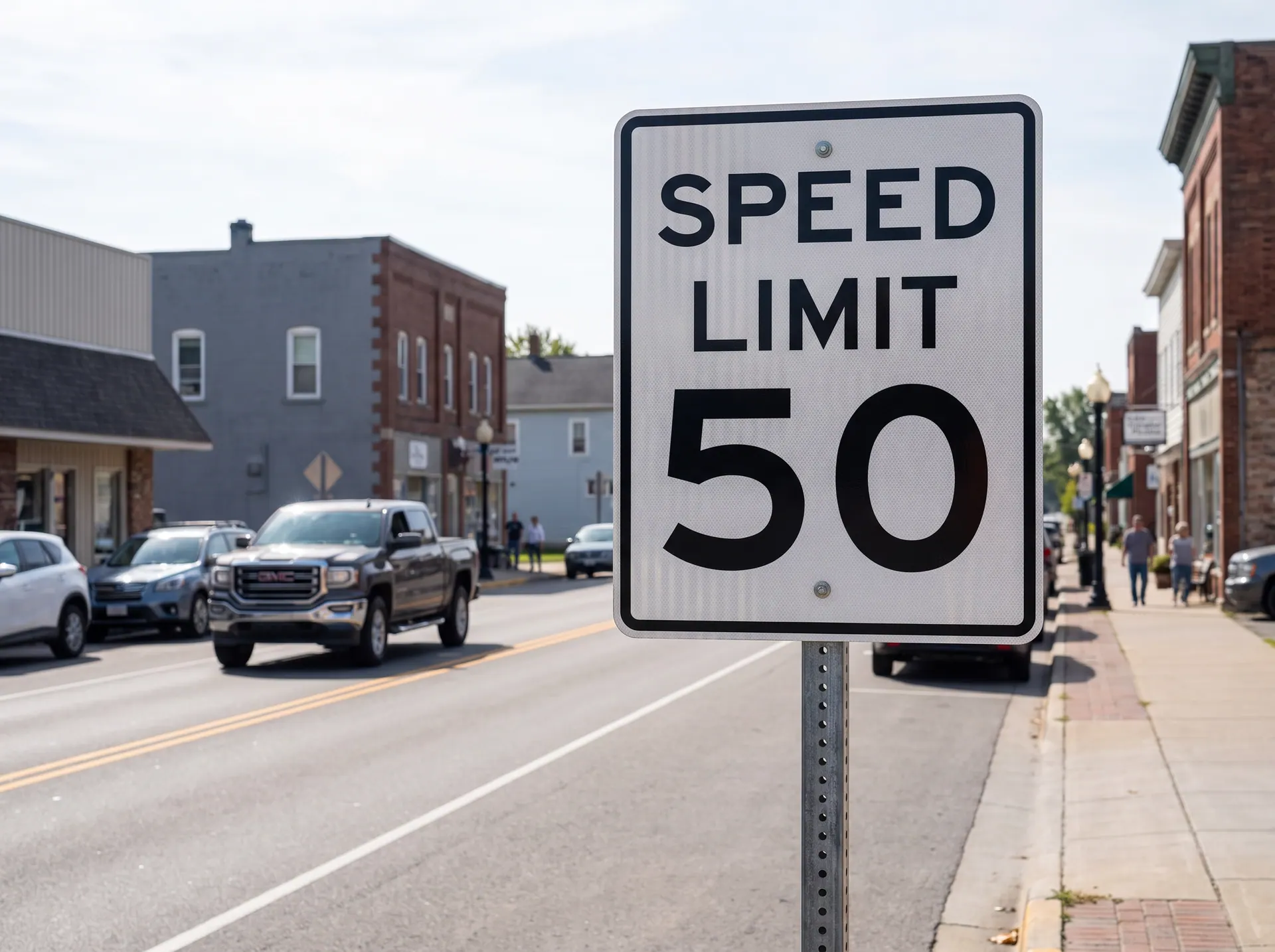 24 x 30 inch R2-1 speed limit sign in reflective sheeting on aluminium, bolted to a galvanised square post, in use: beside a two-lane road at the edge of town