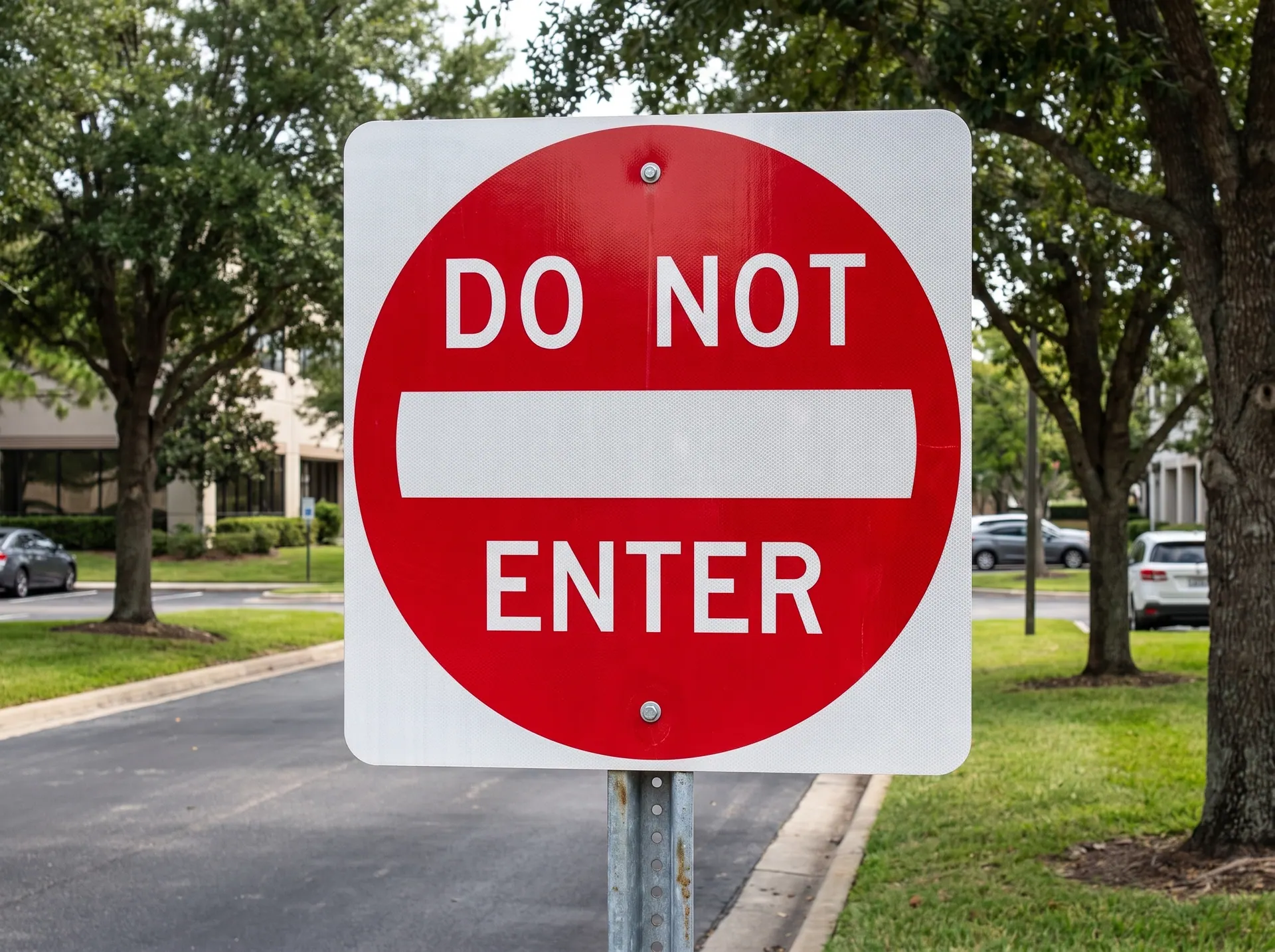 30 x 30 inch R5-1 do not enter sign in reflective sheeting on aluminium, bolted to a galvanised square post, in use: at the exit side of a one-way driveway into a landscaped office park, trees and lawn behind