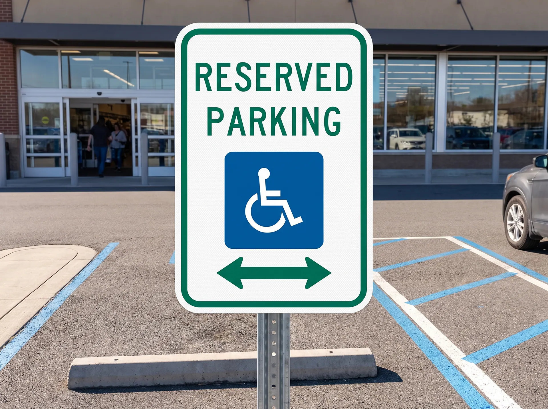 12 x 18 inch R7-8 reserved parking sign in reflective sheeting on aluminium, on a galvanised post, in use: at the head of an accessible parking space in a store parking lot