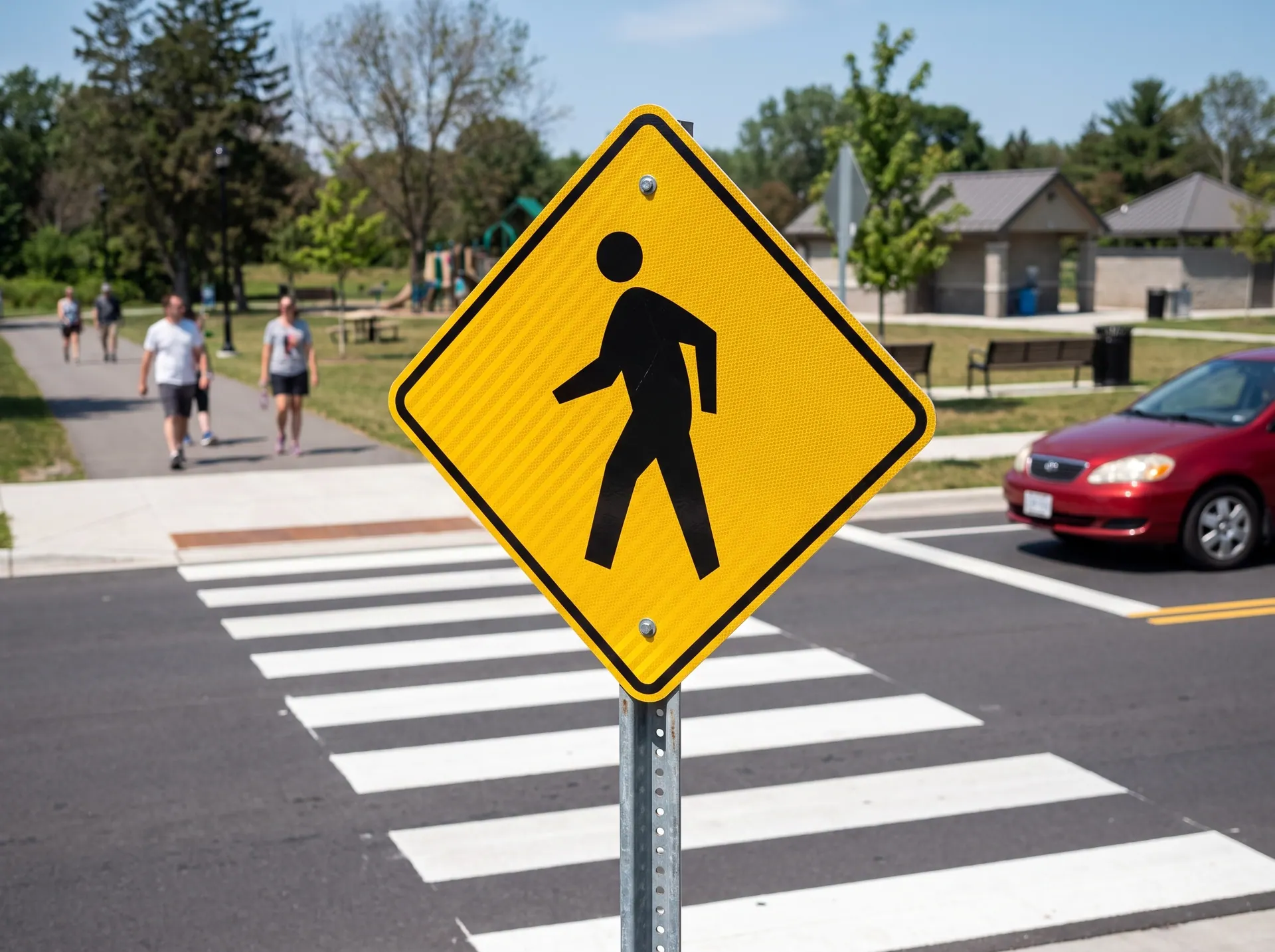 30 x 30 inch W11-2 pedestrian crossing sign in reflective sheeting on aluminium, on a galvanised post, in use: beside a marked crosswalk near a park