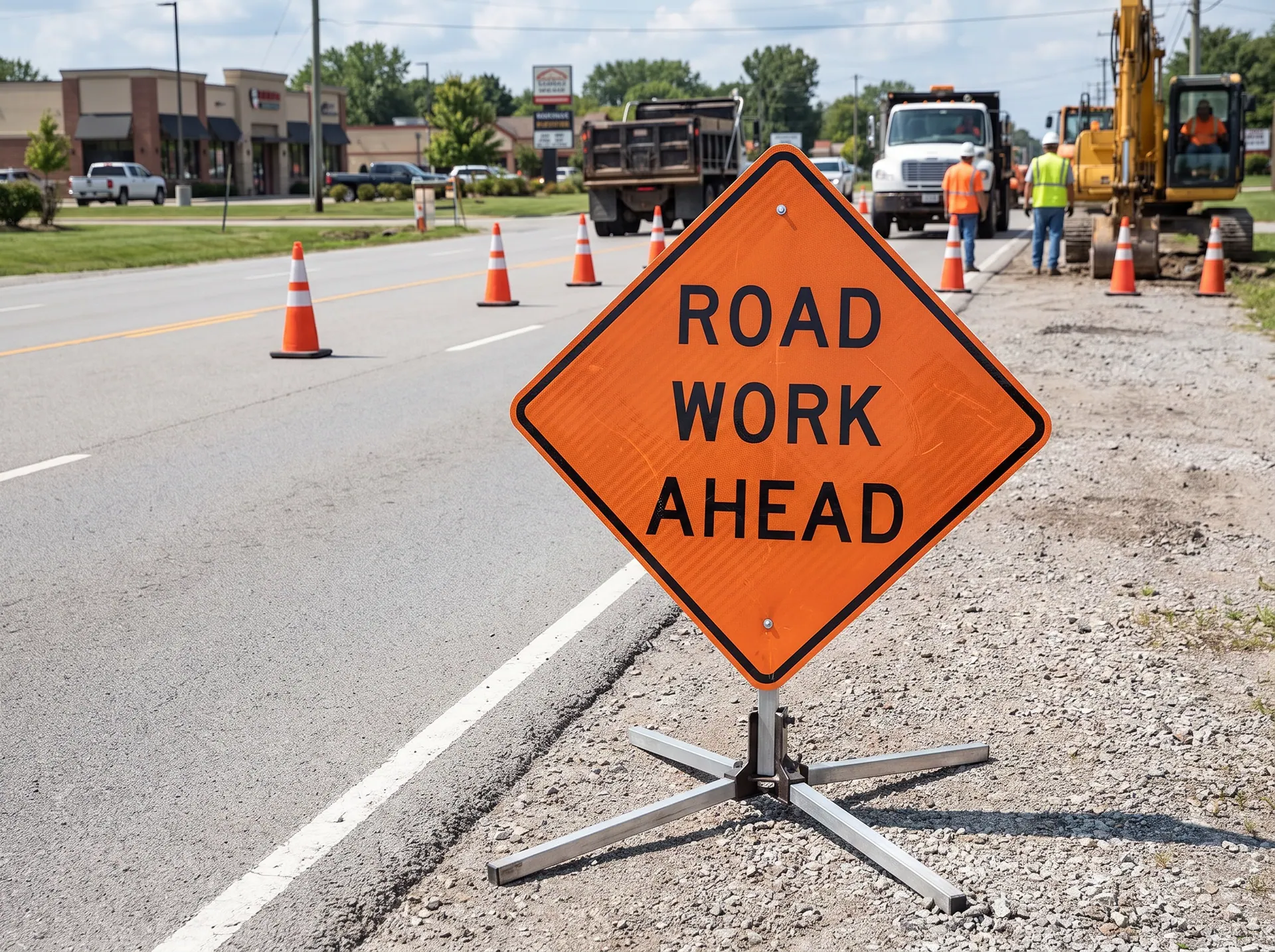 36 x 36 inch W20-1 road work ahead sign in reflective sheeting, on a portable sign stand, in use: on the shoulder of a road before a work zone with orange traffic cones
