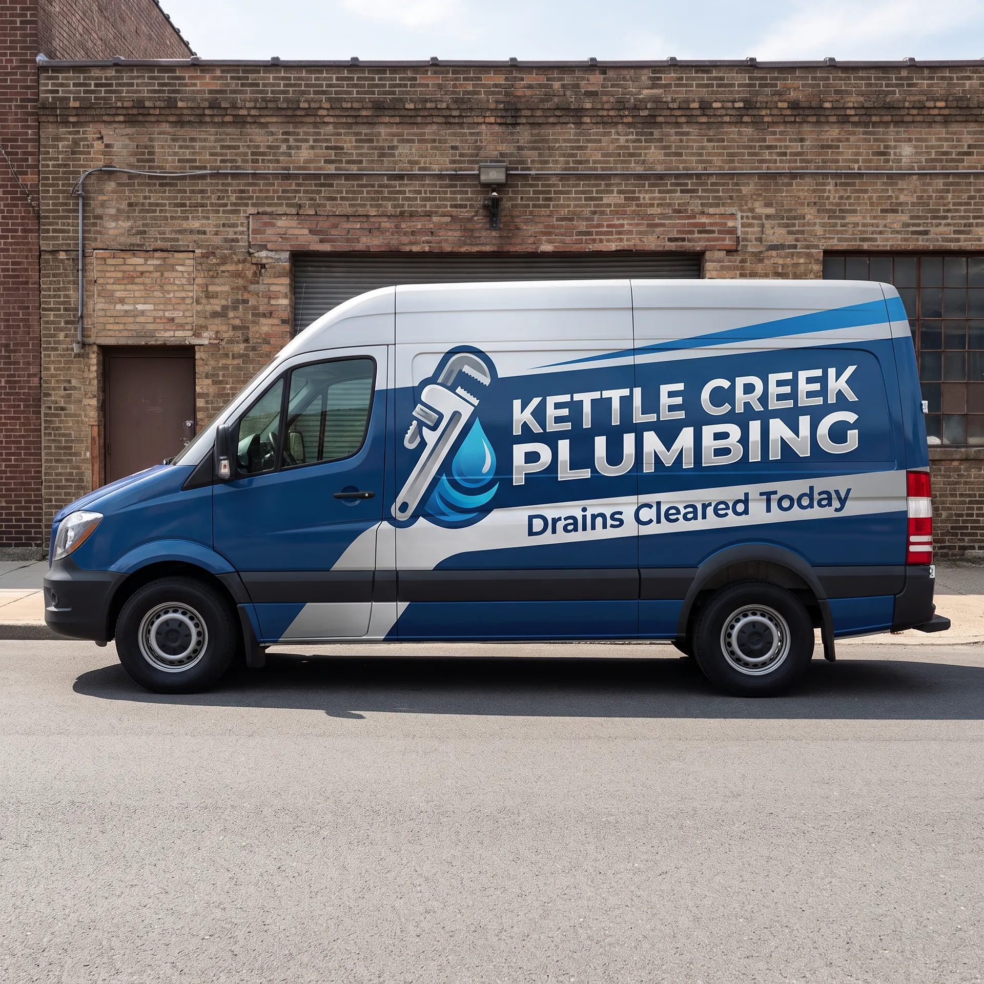Full printed cast vinyl wrap on a full-size commercial cargo van, smooth over every panel; photographed in pure side profile at door-handle height so the front grille, headlights and rear doors are out of frame; the van is debadged, with no manufacturer emblem, badge or model name anywhere, shown with a sample design: parked on a clean street in front of a brick workshop