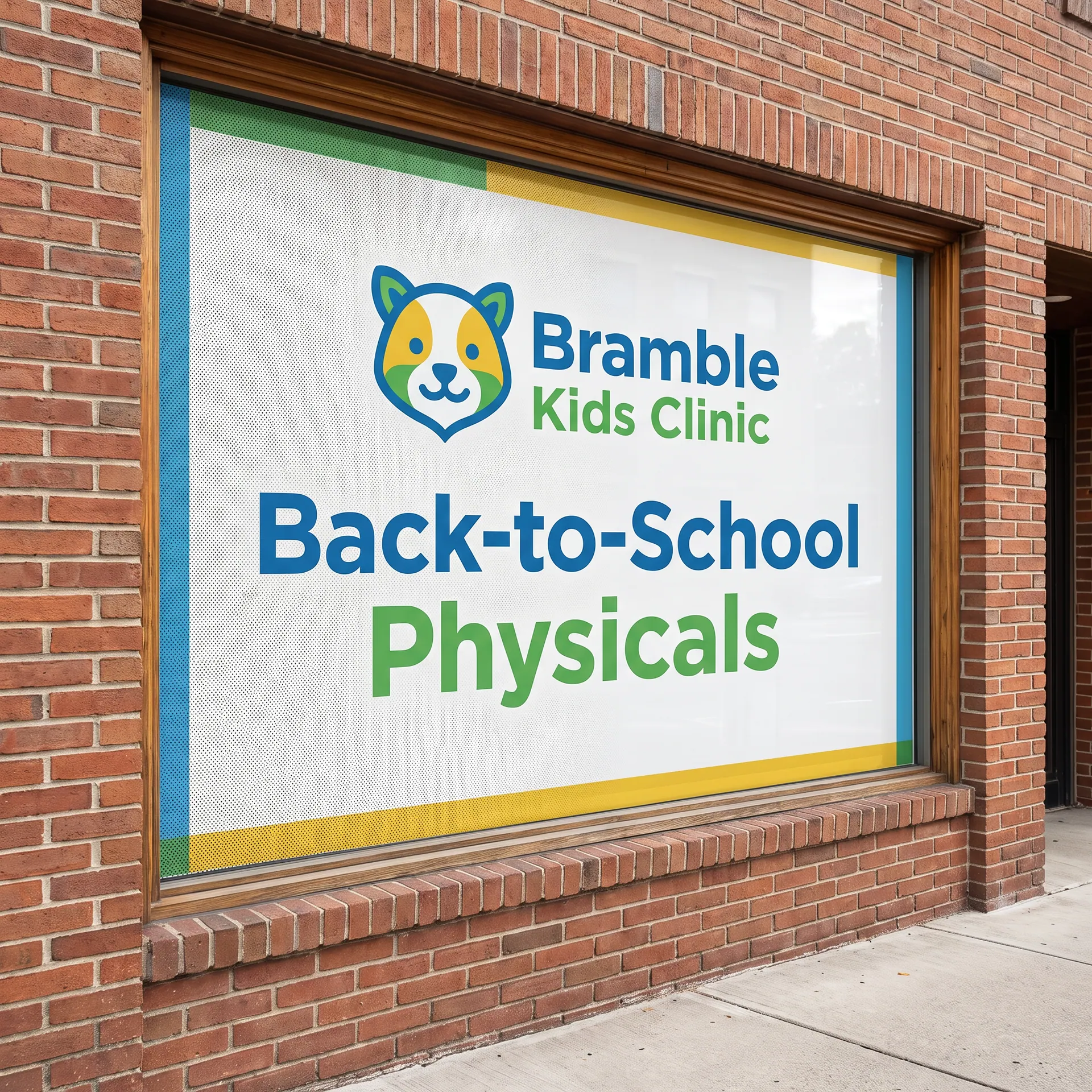 Printed perforated window film covering a shop window, the tiny perforation dots visible up close, the graphic solid from outside, 48″ × 36″, shown with a sample design: on the front windows of a main street shop