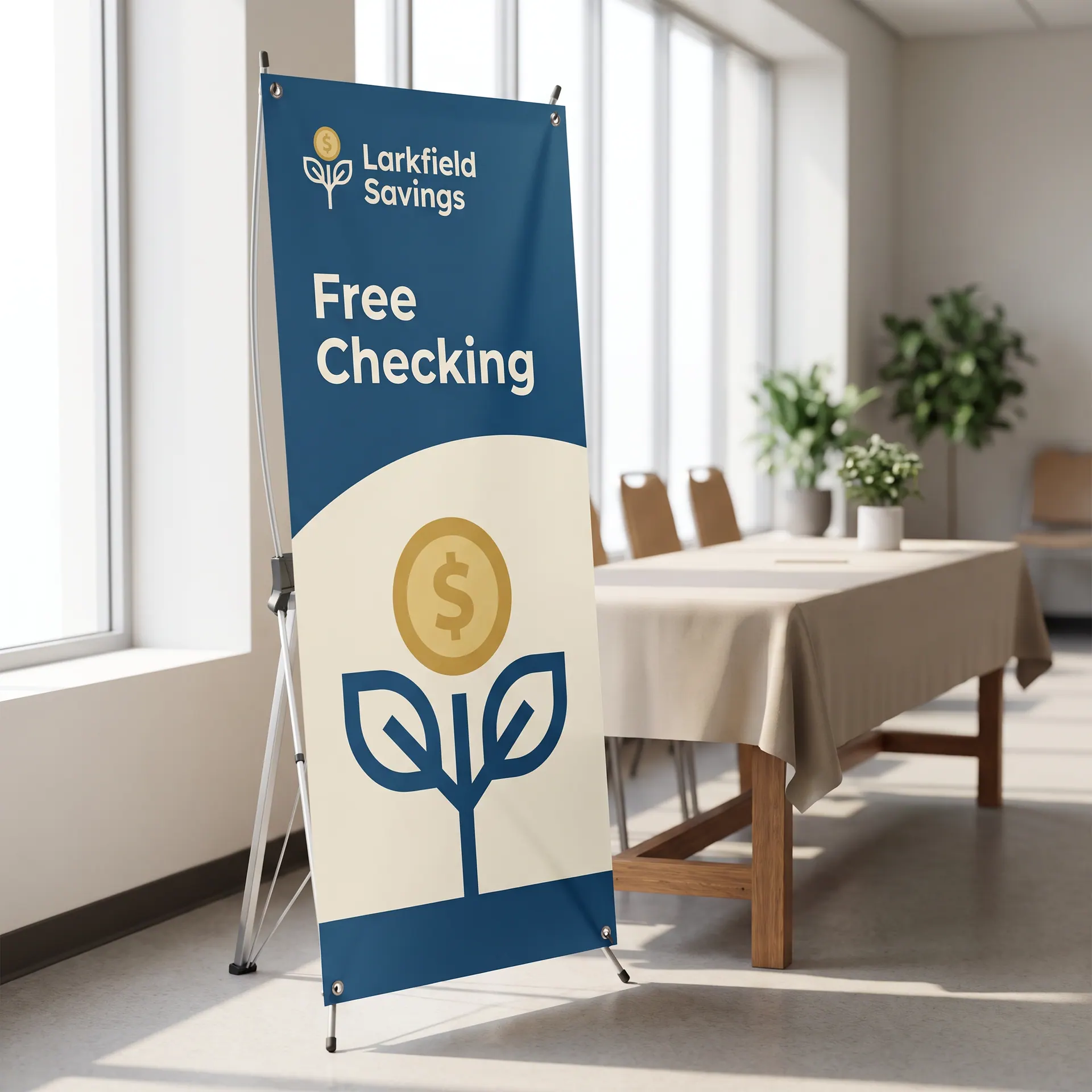 X-stand banner with its printed graphic hooked to the corners of the crossed poles, shown with a sample design: beside a table at a community event