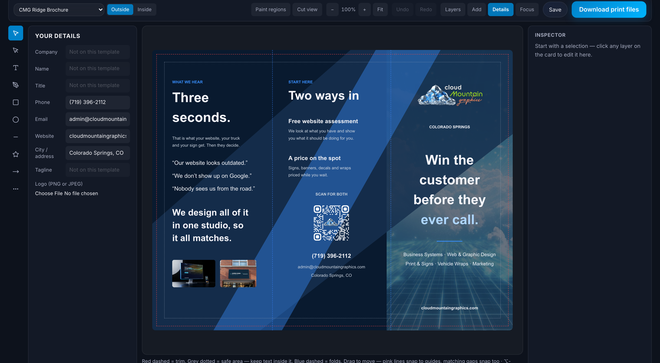 CloudEasel editing a brochure with trim and safe-area guides visible
