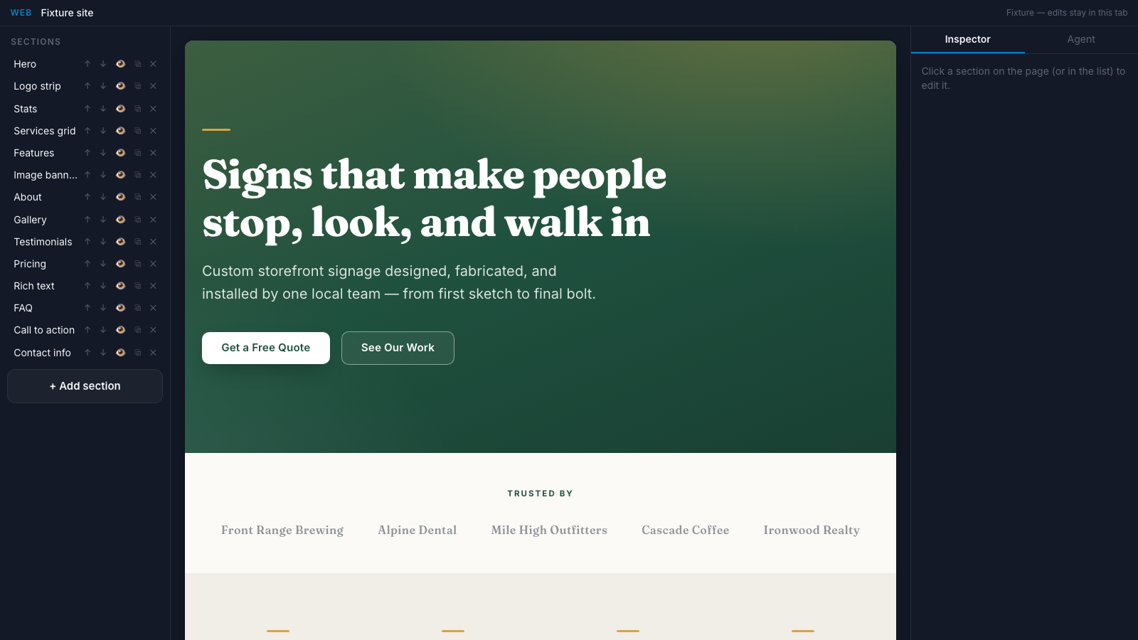 The Site Studio editor with a generated website open